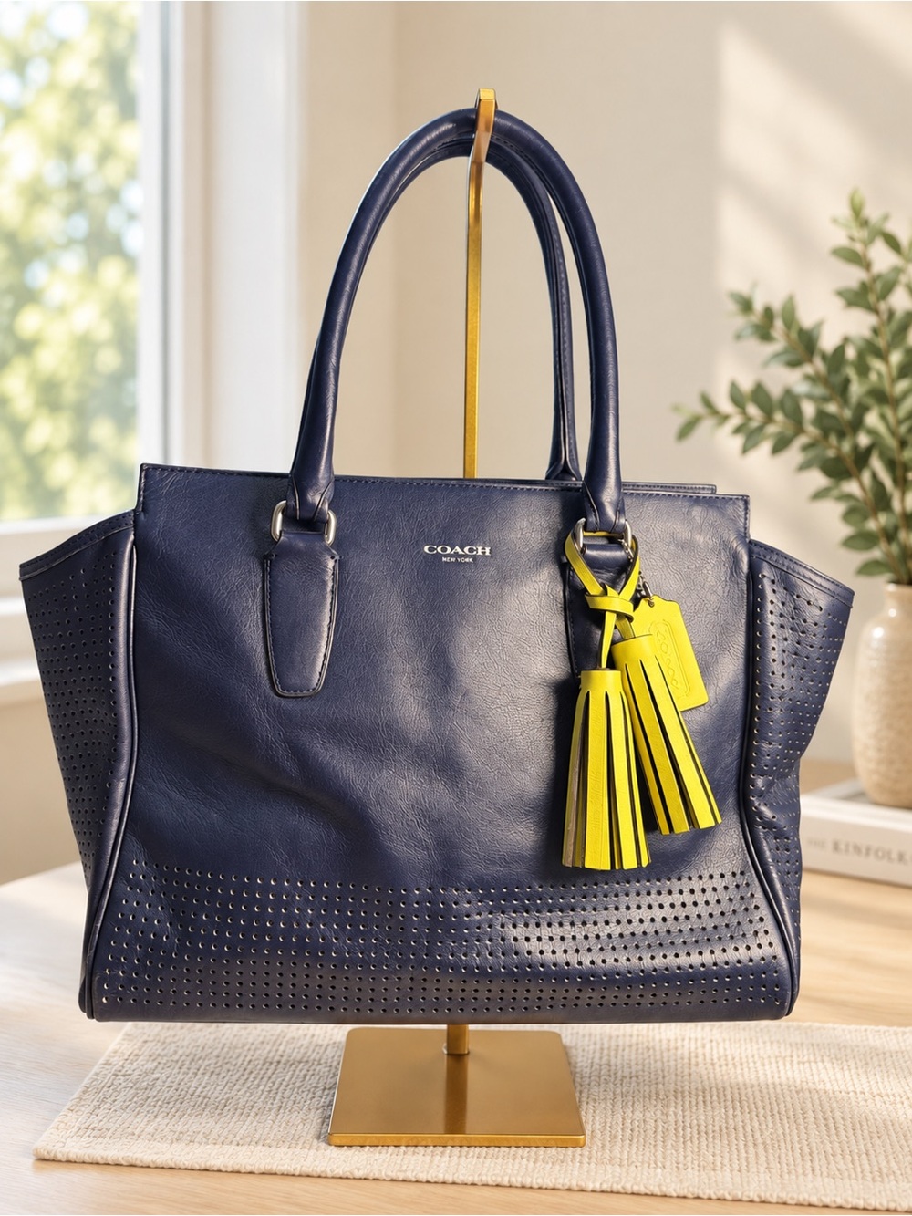 Coach Navy Leather legacy Perforated Candance Carryall 22390 yellow  Tassel
